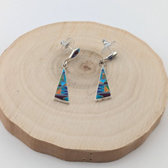Handmade Native American Multi-Stones Dangle Earrings Sterling Silver Jewelry ** - Picture 6 of 11